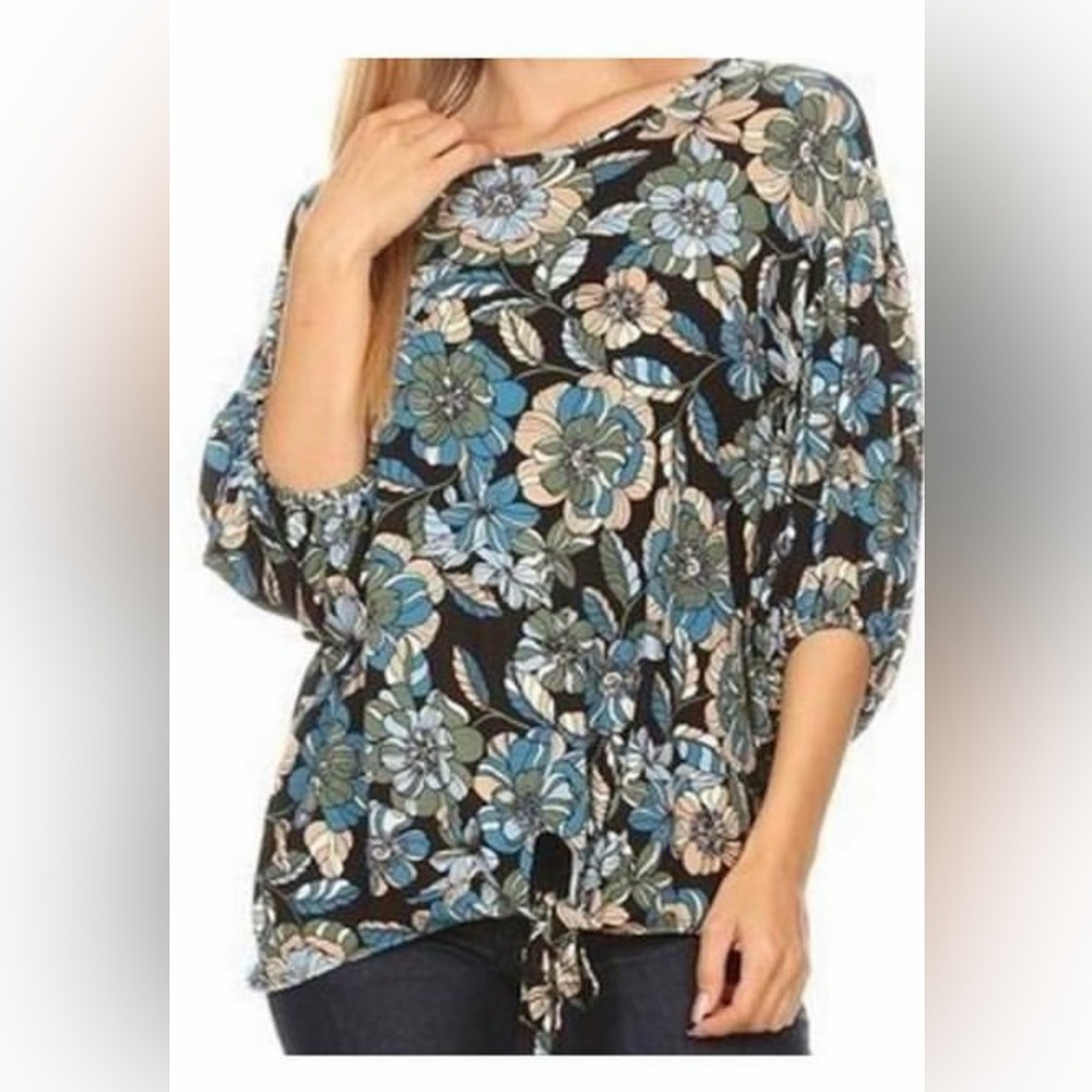 Chris & Carol Women's Blue Floral 3/4 Sleeve Tie Waist Blouse Top Large NWOT